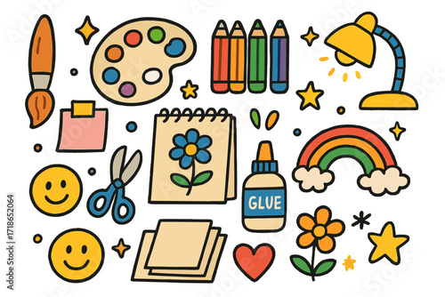 Creative Kids' Workspace. Colorful Hand-drawn doodle Children illustration Creative Workspace paintbrush, palette, sketchbook, colored pencils, sticky notes,