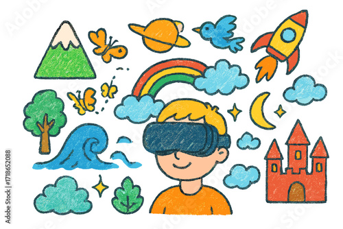 Vibrant VR Dreamland. Immersive experience. Colorful Hand-drawn doodle Children illustration VR headset, mountain, tree, wave, sun