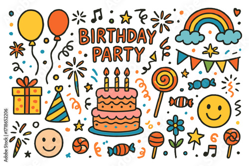 Birthday Party Doodle. Colorful Hand-drawn doodle Children illustration birthday party fireworks birthday cake, candles, balloons,