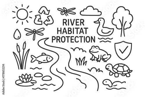 River Habitat Protection Icons. Hand-drawn doodle illustration River habitat protection [river, fish, reeds, frog, turtle, dragonfly, duck, stone, water lily,