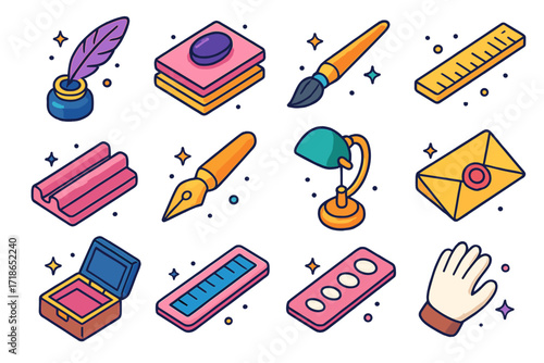 Traditional Writing Tools Grid. Colorful isometric vector icons set of Traditional writing tools: quill pen, ink pot, blotting paper, calligraphy brush, ruler