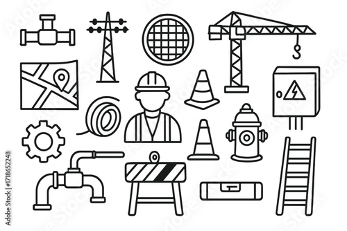 Urban Infrastructure Blueprint. Hand-drawn doodle illustration Urban infrastructure planning blueprint, water pipe, electric pole, sewer cover, crane, road