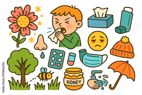 Children's Allergy Doodles. Colorful Hand-drawn doodle Children illustration Allergy pollen flower, sneezing child, tissue box,
