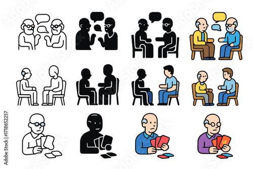 Senior Interaction Icons. Icon Set of Social interaction: group of seniors talking, elder with visitor, card games. Icons set in vector style, emblematic
