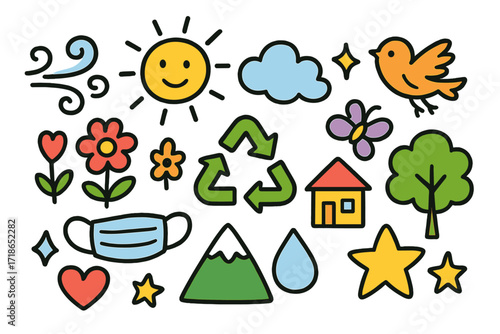 Vibrant Nature Doodles. Colorful Hand-drawn doodle Children illustration Clearing the smoke wind swirl, sun, cloud, sparkle, bird, butterfly, flower, tree,