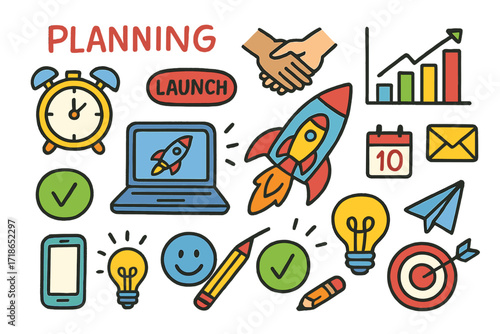 Digital Launch Planning. Colorful Hand-drawn doodle Children illustration Planning a Digital Launch rocket icon, laptop, launch