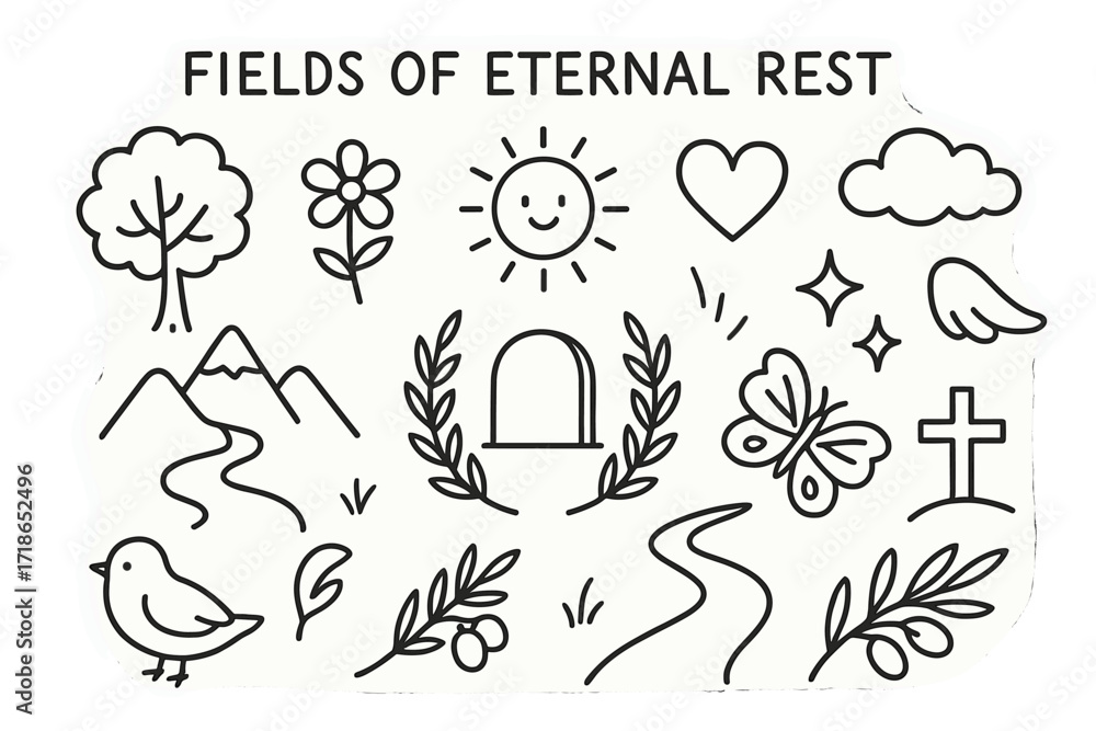 Fototapeta premium Eternal Rest Doodles. Hand-drawn doodle illustration Fields of eternal rest [tree, flower, sun, cloud, heart, star, sparkle, wing,