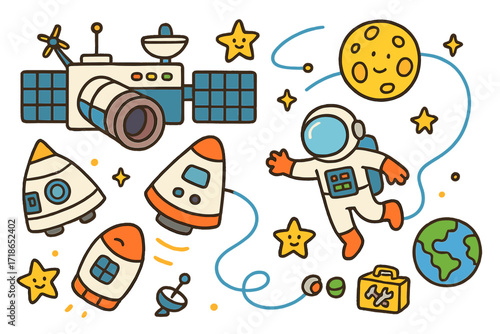 Astronauts Dock at Station. Colorful Hand-drawn doodle Children illustration Space station arrival space station, docking port, astronaut floating, space