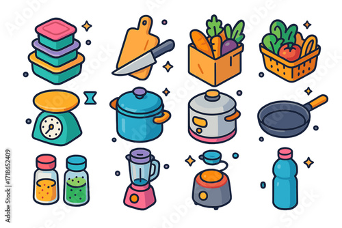 Colorful Meal Prep Icons. Meal prep. Colorful isometric vector icons set of meal prep: food container stack, cutting board, chef knife, grocery bag, vegetable