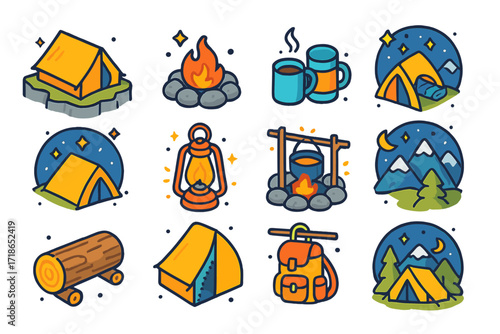 Colorful Camping Icons. Colorful isometric vector icons set of Mountain camping under the sky: pitched tent on ledge, campfire in rocks, thermos cup, sleeping