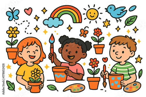 Kids Decorating Clay Pots. Colorful Hand-drawn doodle Children illustration Kids Decorating Clay Pots children smiling, flower pots, rainbow, butterflies,