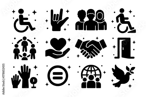 Inclusion Icons Set. Inclusion. Solid icons set of wheelchair symbol, sign language hand, diverse people, accessible ramp, inclusive circle, support heart,