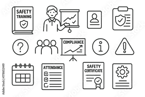Safety Training Icons. Hand-drawn doodle illustration safety training and compliance training manual, instructor icon, safety