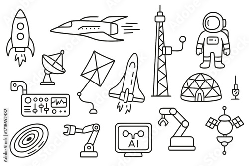 Doodle Space Technology Icons. Future spacecraft. Hand-drawn doodle illustration future spacecraft rocket, warp drive ship, space elevator, habitat dome,