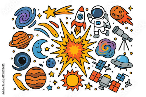 Cosmic Doodle Explosion. Colorful Hand-drawn doodle Children illustration Cosmic explosion [galaxy, starburst, comet, shooting star, rocket, astronaut, meteor,