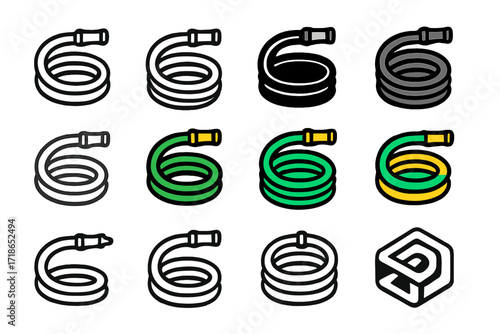 Tangle Logo Grid. Set Logo of Tangle: Garden hose. Logo set in vector style, emblematic variations. line, bold thick line, solid black filled, solid black