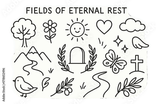 Eternal Rest Doodles. Hand-drawn doodle illustration Fields of eternal rest [tree, flower, sun, cloud, heart, star, sparkle, wing,