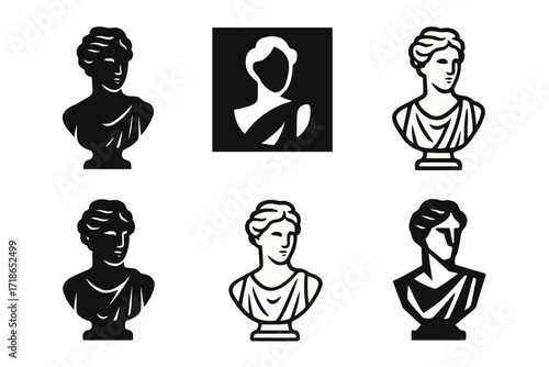Sculpture Bust Logos. artistic expression. Set Logo of artistic expression: sculpture bust. 6 harmonious logo variations of the