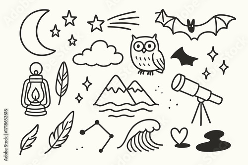Night Sky Doodles. Hand-drawn doodle illustration Blue night [moon, star, comet, cloud, owl, bat, mountain, wave, lantern, feather, sparkle, constellation,
