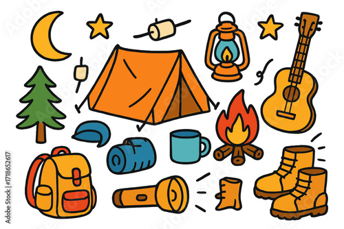 Colorful Camping Doodles. Camping. Colorful Hand-drawn doodle Children illustration tent, campfire, backpack, sleeping bag,