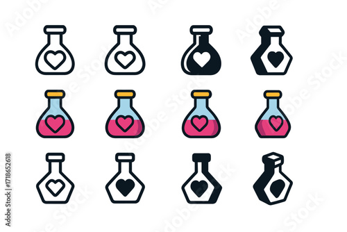 Vibrant Flask Logos. Set Logo of Flasks: Flask with heart symbol (love potion). Logo set in vector style, emblematic variations. line, bold thick line, solid