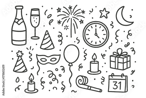 New Year's Doodles. Hand-drawn doodle illustration New Year’s Eve celebration [champagne bottle, glass, clock, fireworks, star,
