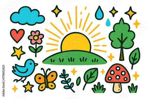 Colorful Nature Sunrise. Sunrise in nature. Colorful Hand-drawn doodle Children illustration sunrise, sun rays, water droplet, flower, tree, leaf, sparkle,