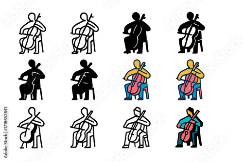 Symphony Logo Variations. Set Logo of Symphony Orchestra: Cellist Silhouette. Logo set in vector style, emblematic variations. line, bold thick line, solid