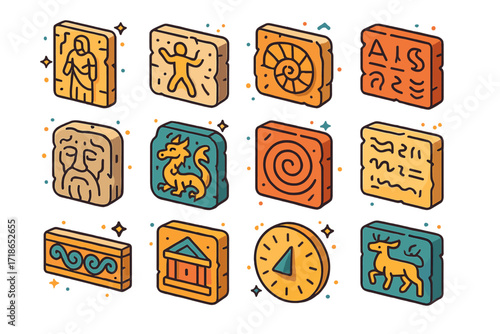 Isometric Ancient Icons. Colorful isometric vector icons set of ancient carvings and details: stone relief, wall engraving, fossil