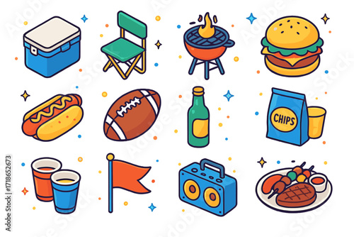 Tailgate Icons Collection. Tailgate. Colorful isometric vector icons set of tailgate: cooler box, folding chair, grill, burger, hot dog, football, beer bottle,