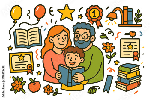 Celebrating Reading Success. Colorful Hand-drawn doodle Children illustration Parents celebrating reading achievement open book, glasses, proud parents,