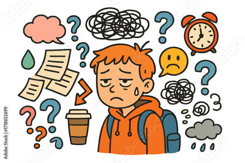 Overwhelmed Doodles. Colorful Hand-drawn doodle Children illustration Feeling overwhelmed messy papers, scribble cloud, alarm clock, sad face, question marks,