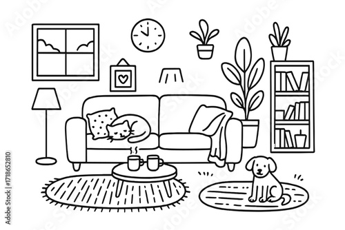 Cozy Living Room Doodle. Cozy Living Room. Hand-drawn doodle illustration cozy living room sofa, rug, cushions, lamp, blanket, picture frame, plant, bookshelf,