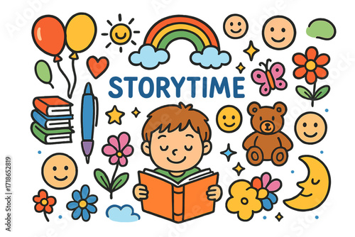 Storytime Doodle Wonderland. Colorful Hand-drawn doodle Children illustration Storytime Event stack of books, pen, child reading, balloons, rainbow, heart,