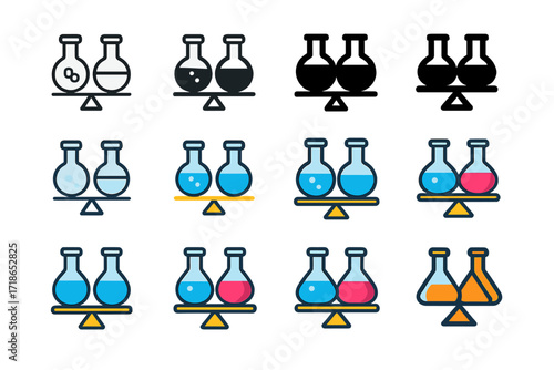 Twin Flask Balance. Set Logo of Flasks: Twin flasks in balance. Logo set in vector style, emblematic variations. line, bold thick line, solid black filled,