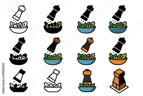 Salad Logo Designs. Set Logo of preparing a fresh salad with avocado, tomatoes, and greens: Pepper grinder. Logo set in vector style, emblematic variations.