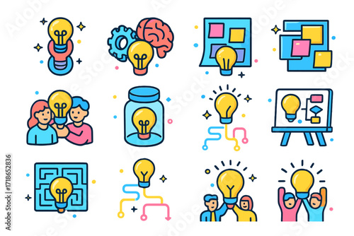 Innovation Icons Grid. Colorful isometric vector icons set of innovation through teamwork: stacked idea bulbs, gear and brain,