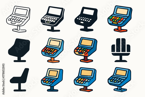 Court Reporting Logo Designs. Set Logo of Court reporters and legal assistants documenting hearings: Stenography machine. Logo set in vector style, emblematic
