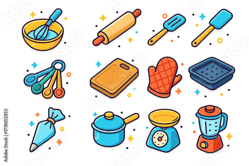 Colorful Kitchen Icons. Kitchen. Colorful isometric vector icons set of kitchen: mixing bowl, whisk, rolling pin, spatula, measuring spoons, cutting board,