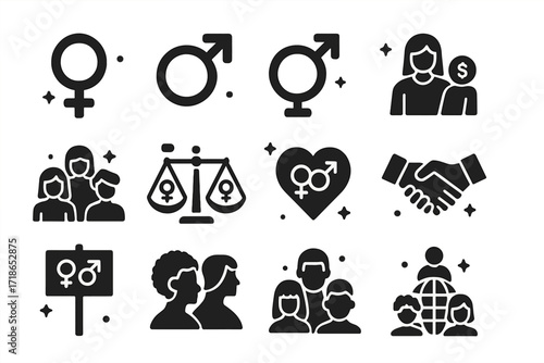 Gender Equality Icons. Gender Equality. Solid icons set of female symbol, male symbol, gender-neutral symbol, equal pay, diverse
