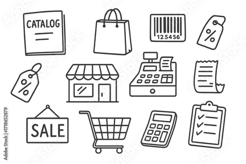 Retail Doodle Illustration. Retail. Hand-drawn doodle illustration catalog, shopping bag, barcode, cash register, price tag, receipt, store building, cart,