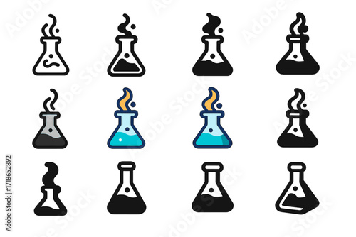 Flask Logo Variations. Set Logo of Flasks: Flask with bubbling potion and vapor. Logo set in vector style, emblematic variations. line, bold thick line, solid