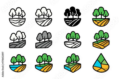 Buffer Zone Logos. Set Logo of Buffer Zone: Trees between wetland and farmland. Logo set in vector style, emblematic variations.