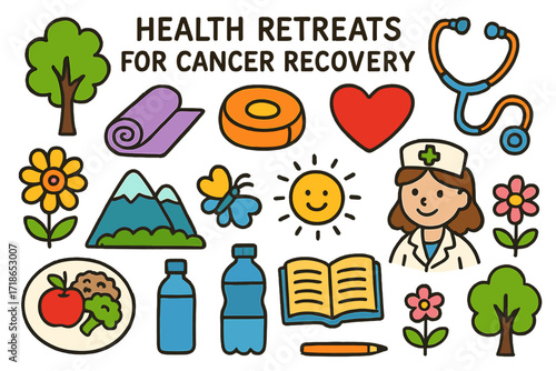 Colorful Health Retreat Doodle. Colorful Hand-drawn doodle Children illustration Health retreats for cancer recovery [healing