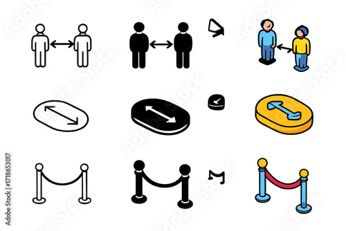 Social Distancing Icons. Icon Set of Social Distancing Queue: Two people apart, Distance floor sticker, Divider rope. Icons set in vector style, emblematic