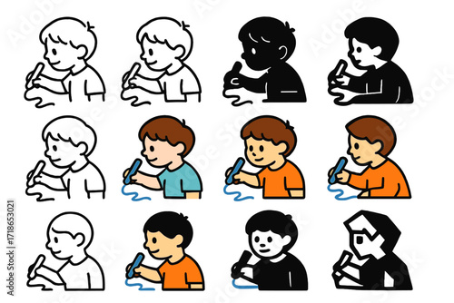 3D Pen Logo Grid. Set Logo of Young artists: Kid with 3D printing pen. Logo set in vector style, emblematic variations. line, bold thick line, solid black