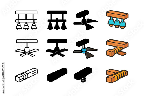 Decorative Elements Icons. Icon Set of Decorative Elements: Beam chandelier, Beam-mounted fan, Rope-wrapped beam. Icons set in vector style, emblematic