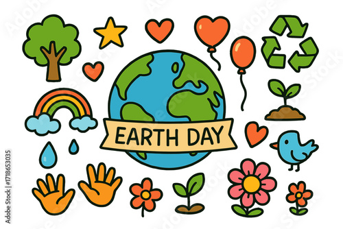 Earth Day Doodle Celebration. Colorful Hand-drawn doodle Children illustration Earth Day Celebration [earth globe, banner, balloon, recycling symbol, tree,