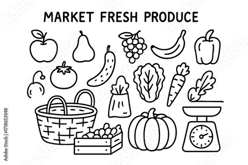 Market Fresh Produce Doodles. Market fresh produce. Hand-drawn doodle illustration market fresh produce apple, pear, banana, grapes, tomato, cucumber, carrot,