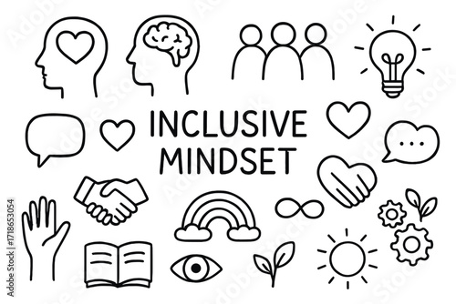 Inclusive Mindset Symbols. Hand-drawn doodle illustration Inclusive mindset [head with heart, open brain, group of people, lightbulb, speech bubble, heart